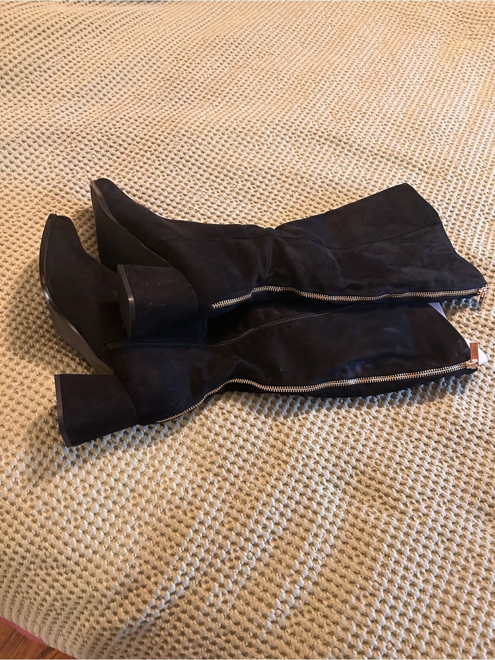 Wide Leg - Black Suede Knee-High Block Heel Boots with Side Zipper